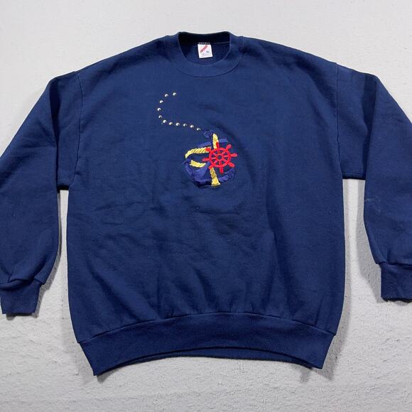 Vintage Sweatshirt Adult‎ XL Blue Nautical Embroidered Pullover USA Made 80s - Picture 2 of 10